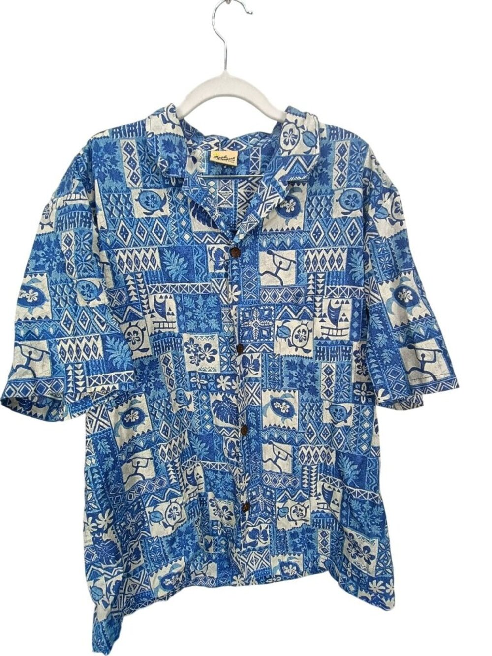 Vintage Royal Creations Hawaiian Shirt Blue & White Geometric Print Button-Up XL